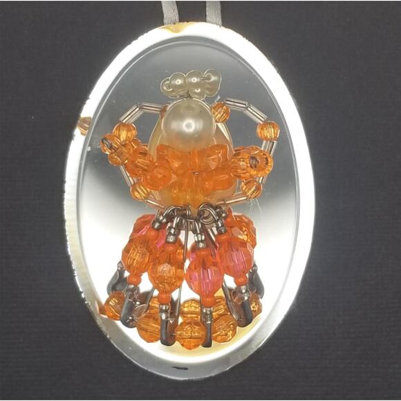 Vintage Beaded Angel Ornament Mirror 3" Bright Orange Pearl Handmade Safety Pins - Picture 3 of 5